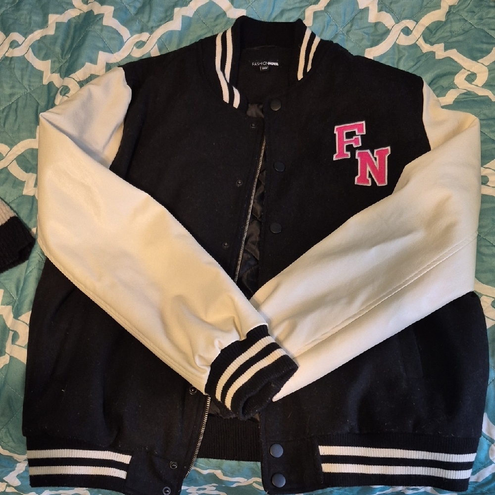 Fashion Nova Quilted Black Fake Varsity Jacket